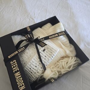 Steve Madden White Knit Scarf and Hat Set with Rhinestones